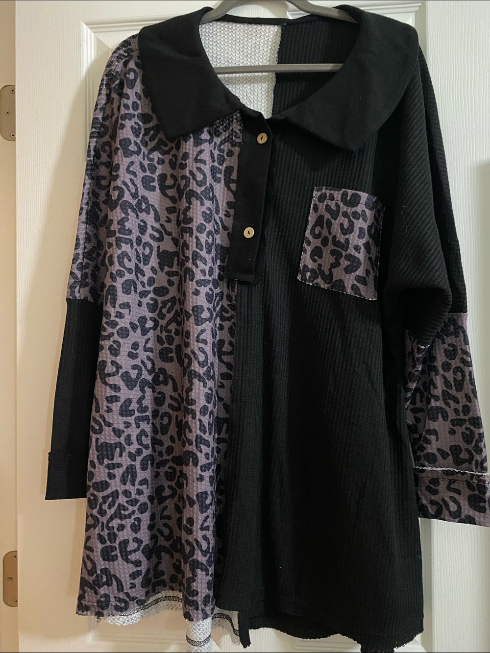 Womens Black Leopard Patchwork Collared Tunic/ Dress